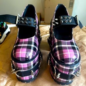 DOLLS KILL Pink Plaid Mary Jane Platform Shoes Size 8 | GENTLY WORN
